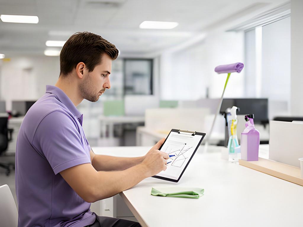 Cleaning professional reviewing an appointment checklist at a neat commercial workspace