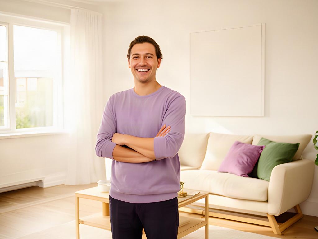 Smiling property manager standing in a freshly cleaned rental living room