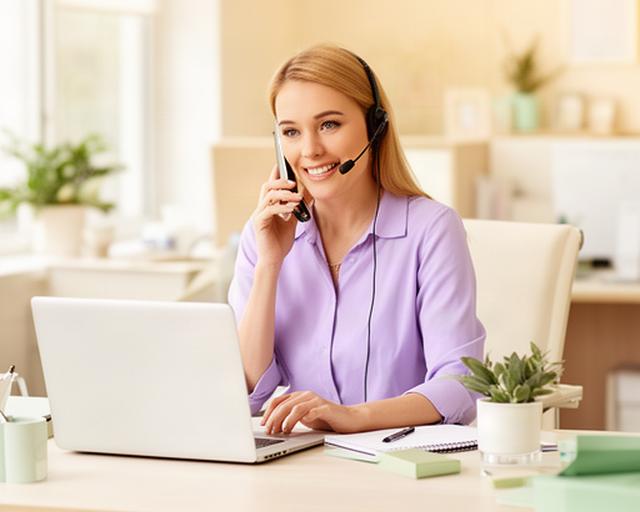 Friendly cleaning coordinator answering calls at a tidy Oceanside office desk