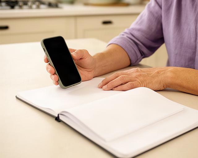 Homeowner reviewing a residential cleaning plan at a kitchen table with a phone and notebook