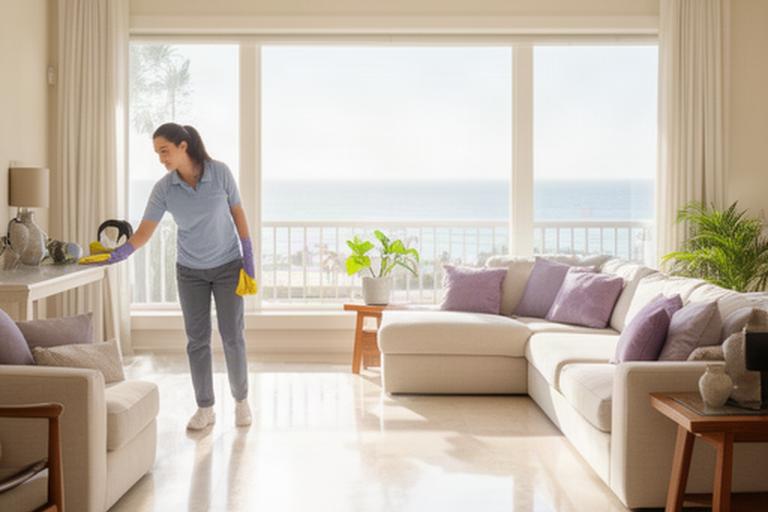Cleaner wiping a bright Oceanside living room beside a sunny window