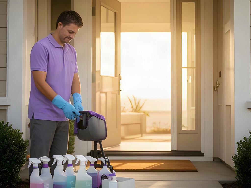 Cleaner preparing fresh supplies beside a bright Oceanside home entryway