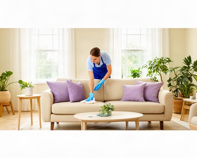 Bright family living room being refreshed by a residential cleaning professional