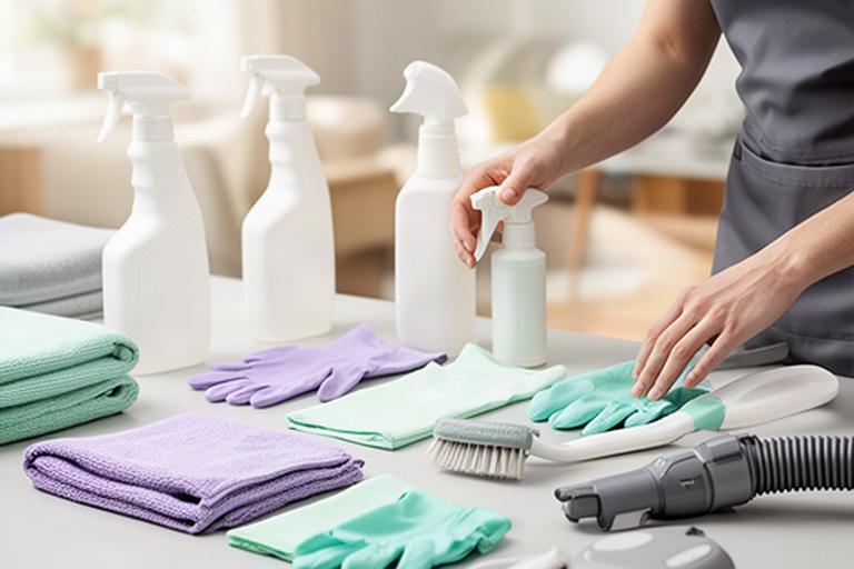 Cleaner preparing a neatly arranged set of professional supplies before a home appointment