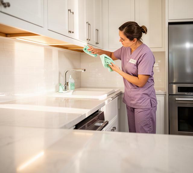 Cleaner inspecting polished kitchen surfaces during a final quality walkthrough after a deep clean