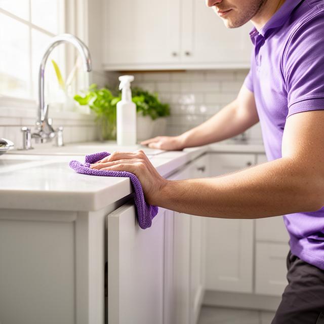Cleaner wiping kitchen baseboards and cabinet fronts in a sunny Oceanside home