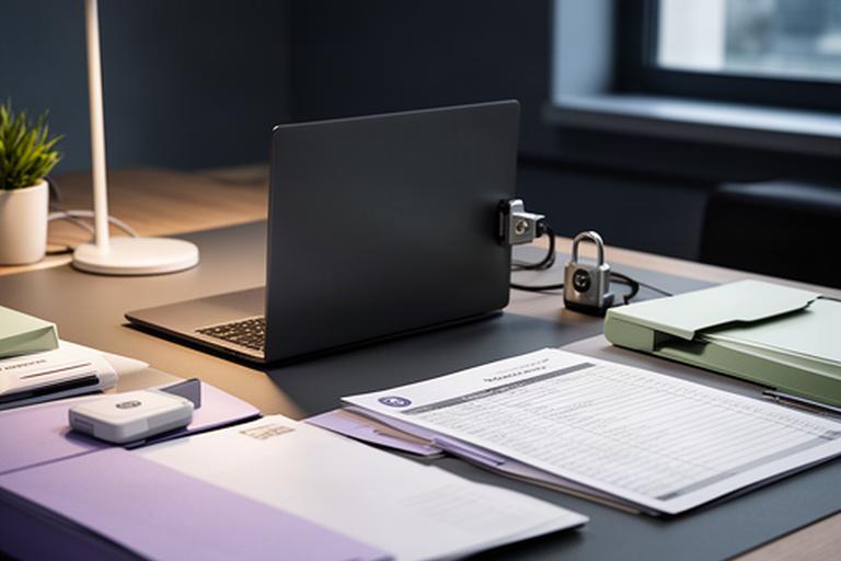 Secure office workstation with a locked laptop and organized cleaning service records