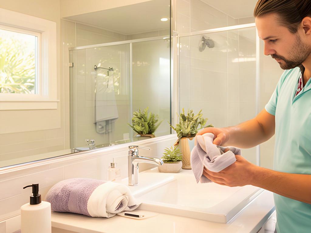 Cleaner placing final touches on a spotless bathroom in a coastal California home