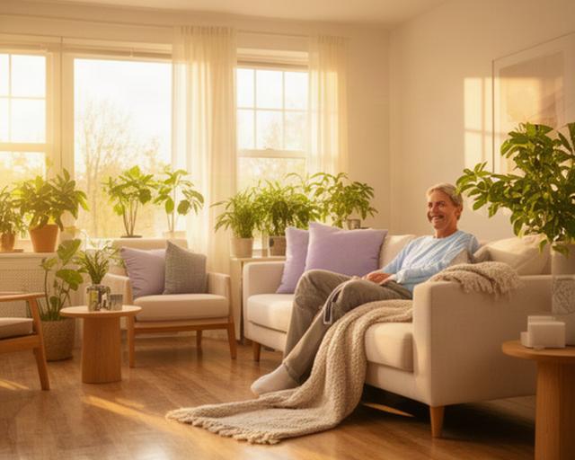 Happy Oceanside homeowner relaxing in a spotless living room after a cleaning visit