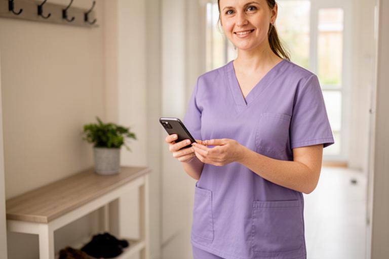 Friendly cleaning professional holding a phone in a tidy Oceanside home entryway