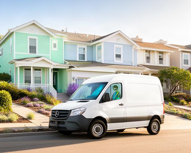 Bright branded cleaning van parked outside a coastal Oceanside neighborhood home
