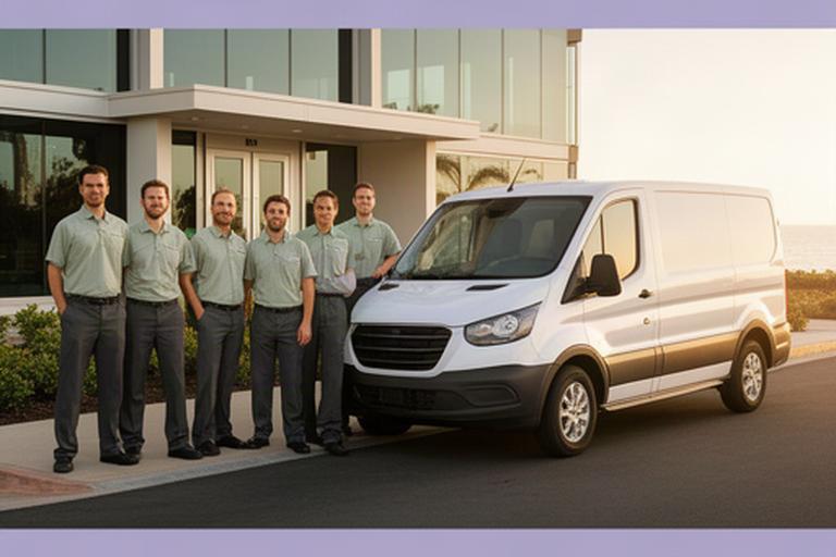Uniformed commercial cleaners standing beside a branded service vehicle outside an office