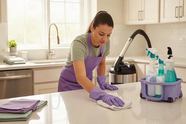 Cleaner wiping a kitchen surface while a vacuum and organized supplies sit nearby