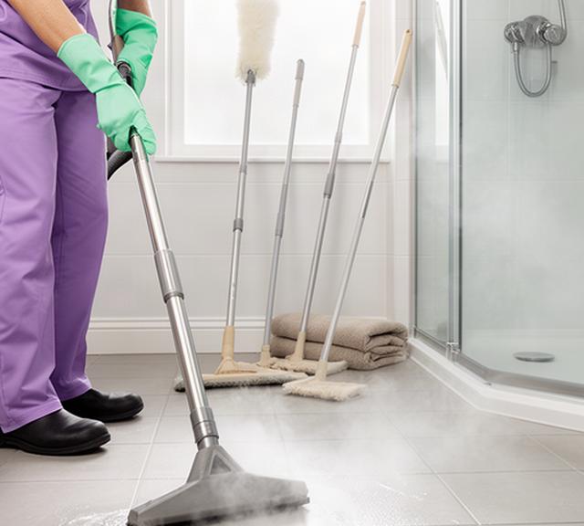 Professional cleaner using a steam machine on a tiled bathroom floor beside high-reach cleaning tools