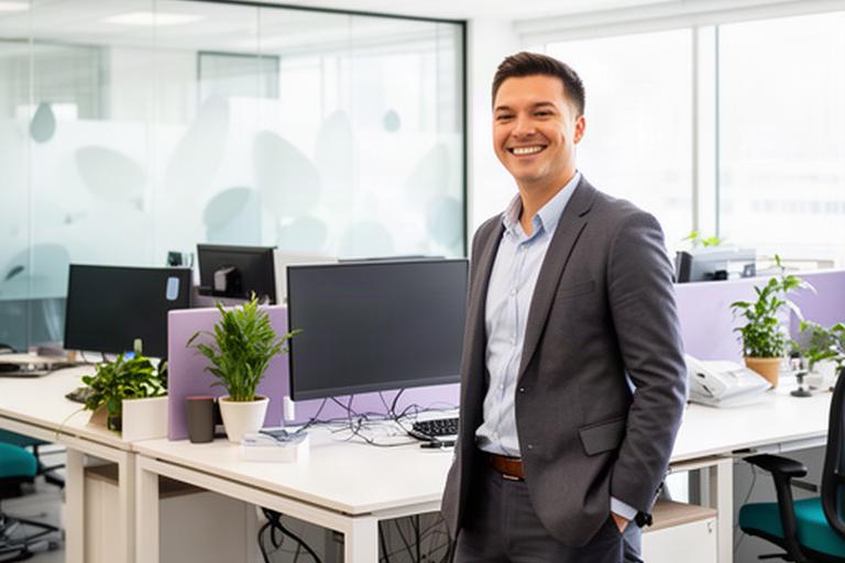 Happy office manager standing in a freshly cleaned Oceanside workspace with bright desks