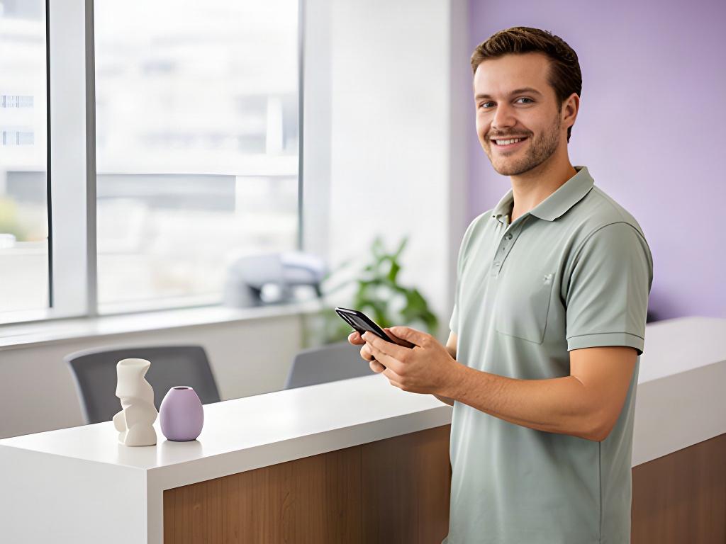 Friendly cleaner holding a phone near a tidy office reception desk