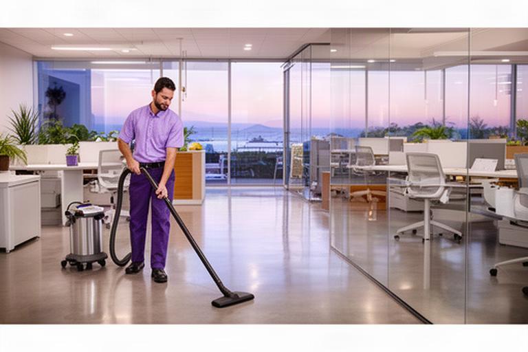 Uniformed cleaner vacuuming a bright Oceanside office after closing time