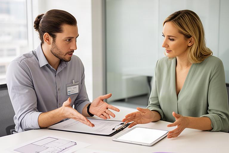 Cleaning supervisor reviewing a service plan with a business manager in an office
