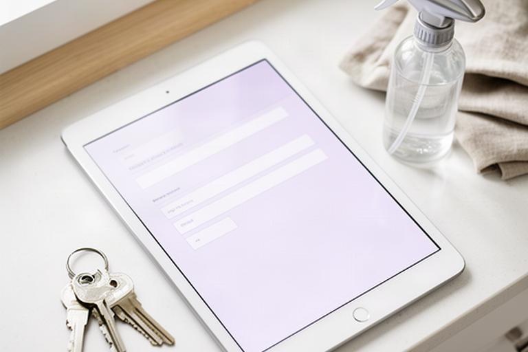 Tablet showing a cleaning appointment form beside keys and a spray bottle on a tidy kitchen counter