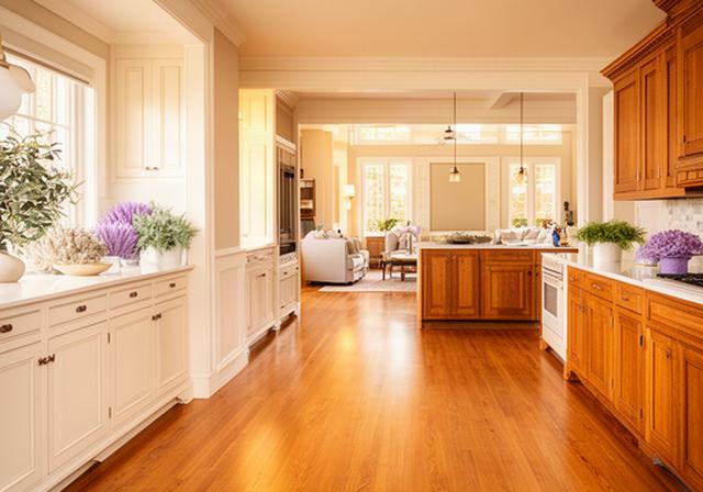 Bright, orderly home interior showing clean hardwood floors and carefully detailed cabinetry after deep cleaning