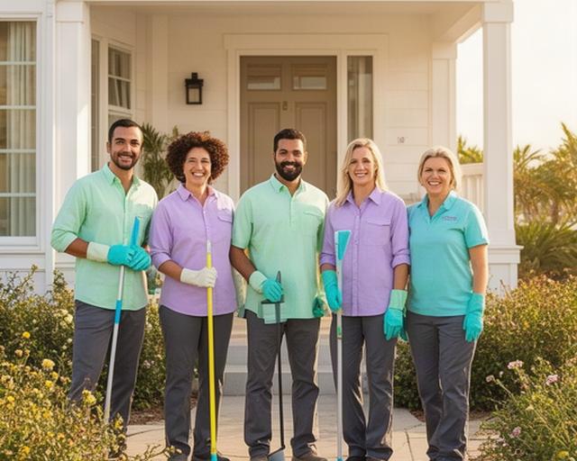 Smiling cleaning team in bright branded shirts standing outside a sunny Oceanside home
