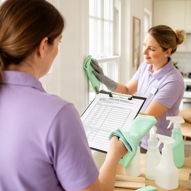 Cleaning professional reviewing a quality checklist during hands-on team training