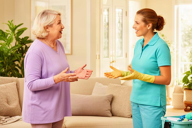 Happy residential client speaking with a cleaner in a freshly cleaned living room