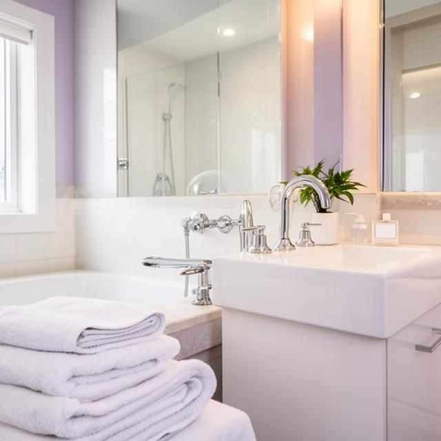 Freshly cleaned bathroom with shining fixtures, folded towels, and spotless tile