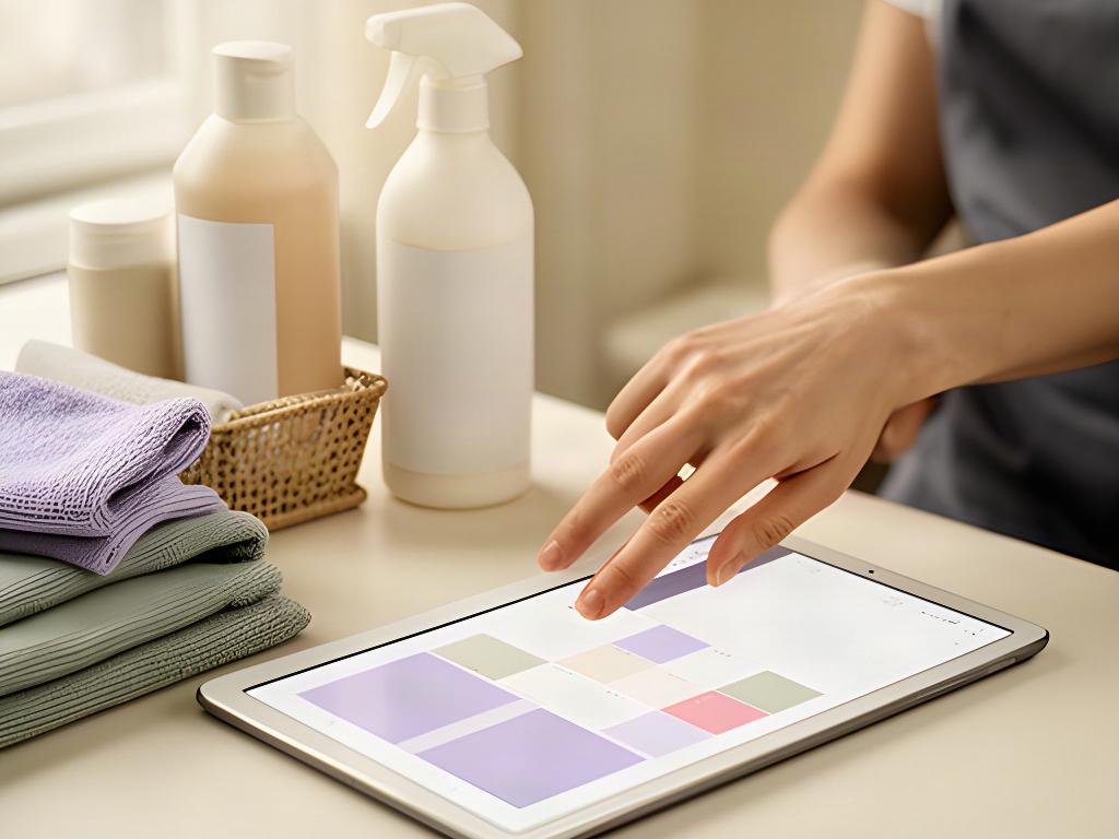 Cleaner adjusting a calendar on a tablet beside neatly arranged household supplies