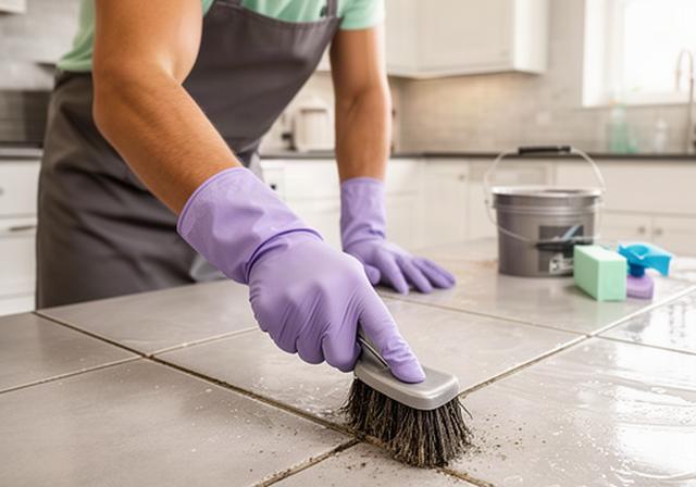 Cleaner scrubbing detailed kitchen tile and grout during an intensive home deep clean
