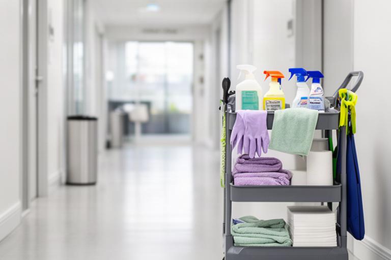 Janitorial cart and neatly stocked supplies in a clean commercial hallway