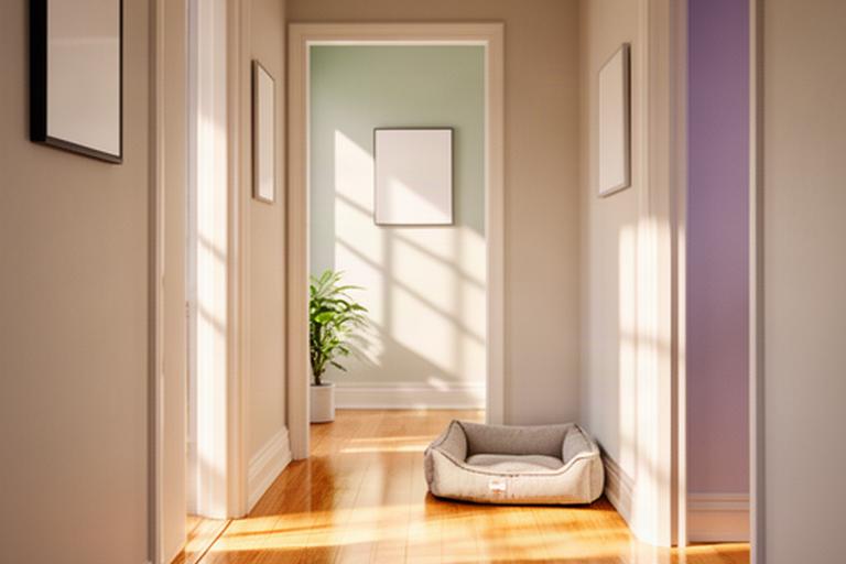Clean residential hallway with sunlight, polished floors, and a small pet bed near the wall